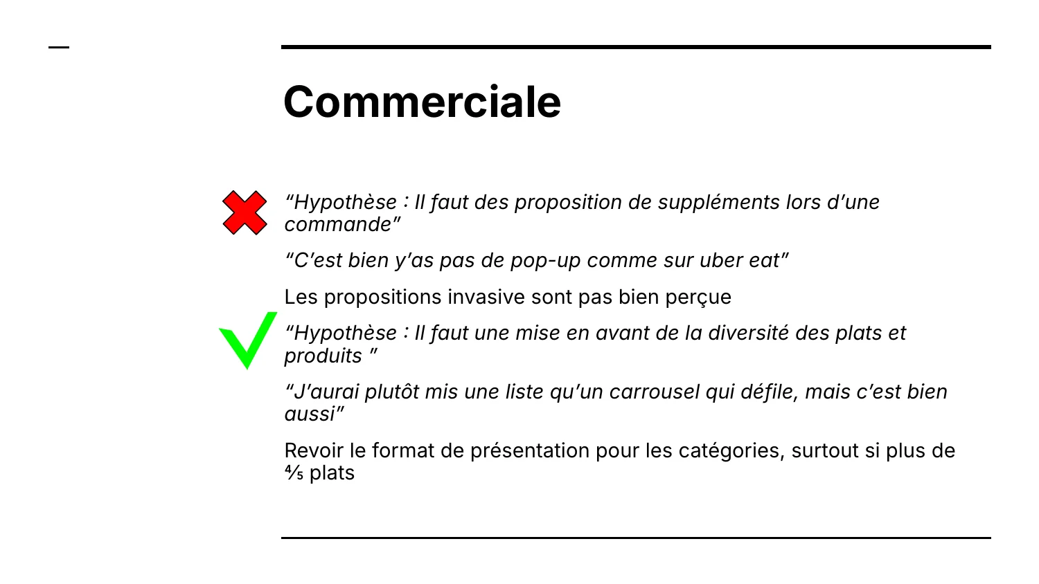 Hypothèses commerciales confrontées aux tests