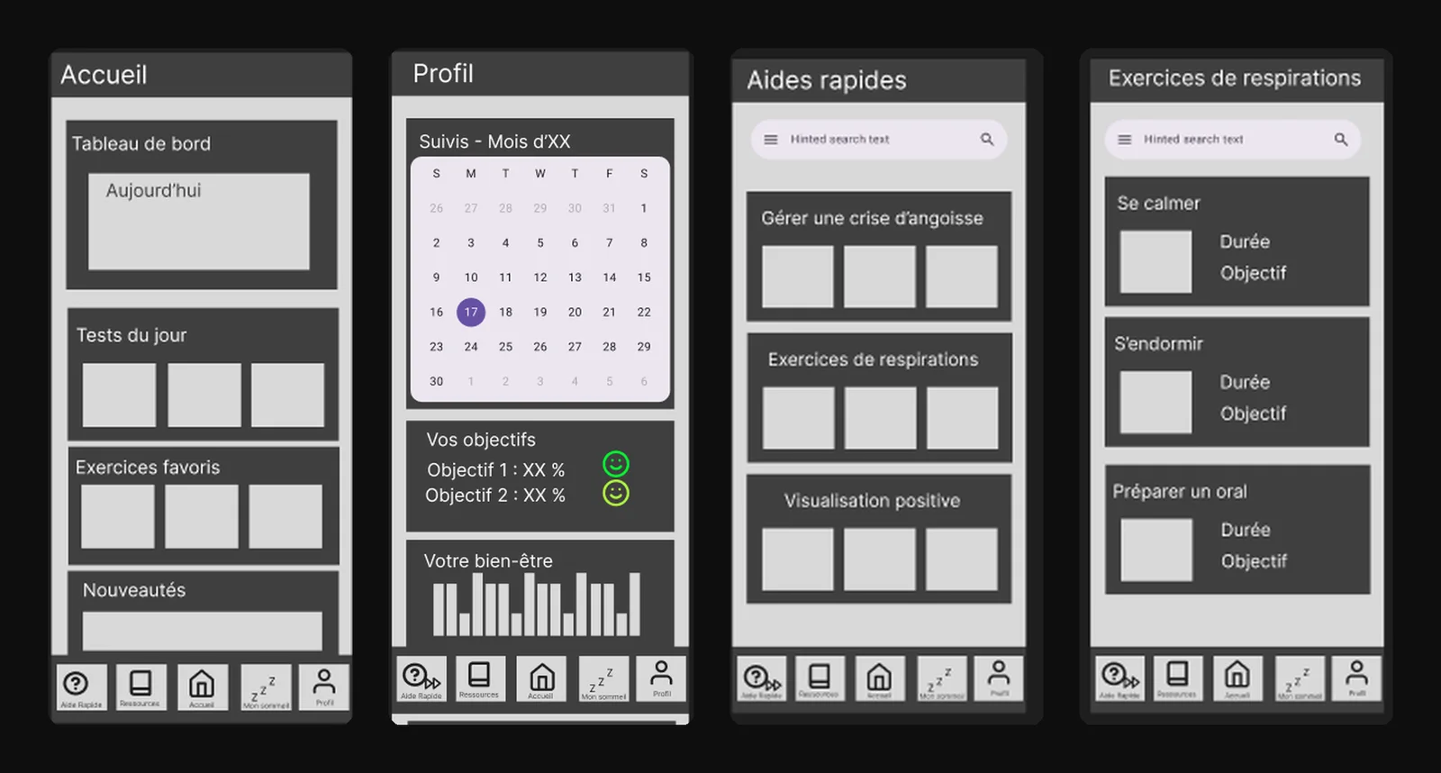 Wireframes : accueil, profil, aides rapides, exercices de respiration