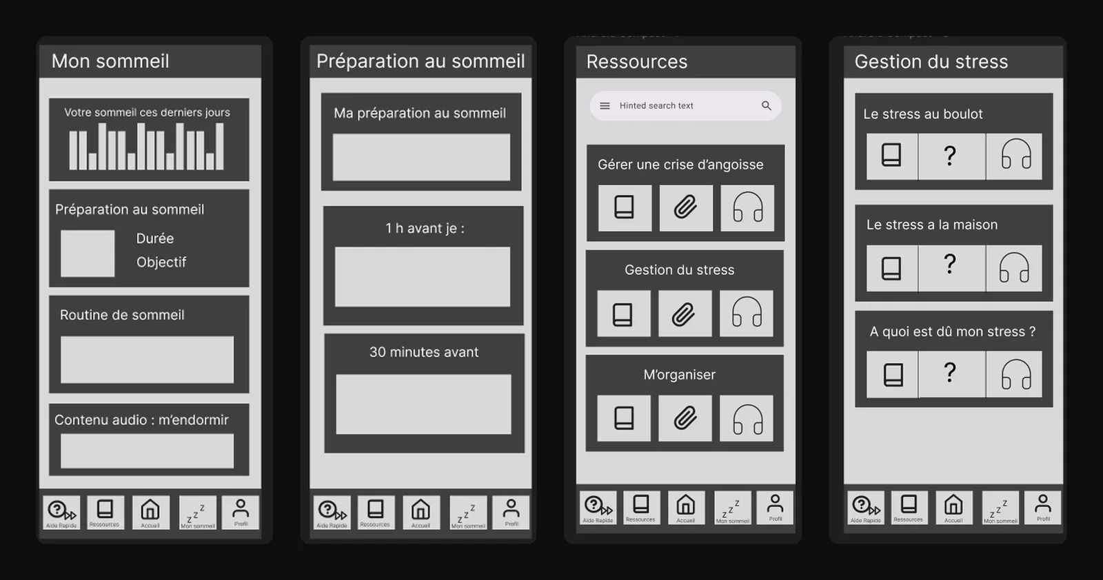 Wireframes : sommeil, préparation au sommeil, ressources, gestion du stress